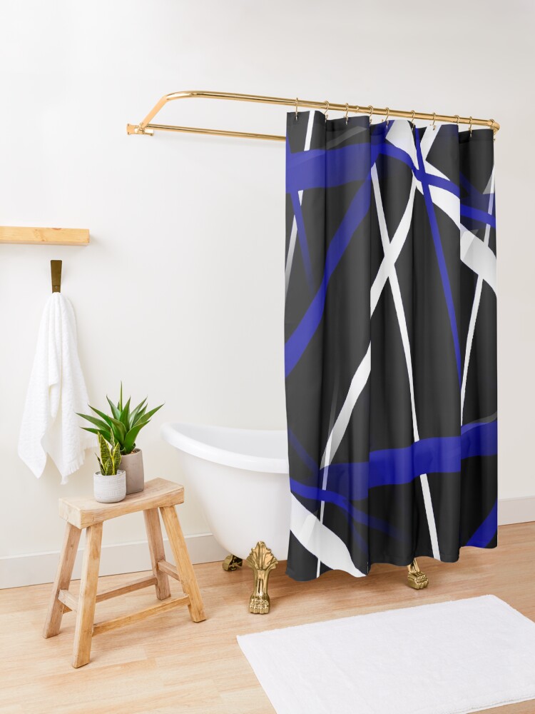 Alternate view of Seamless Abstract Royal Blue and White Lines On Black Pattern Shower Curtain