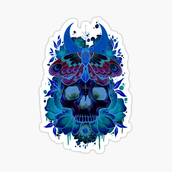 Skull and Moth Neon Design Sticker