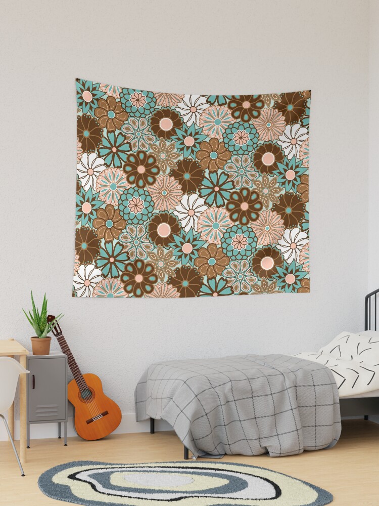 Cute Flower Mid Century Modern Print - Green Brown Orange Yellow Tapestry  for Sale by Elsy's Art