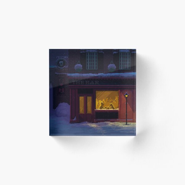 Winter Night Cozy Pub Pixel Art Acrylic Block