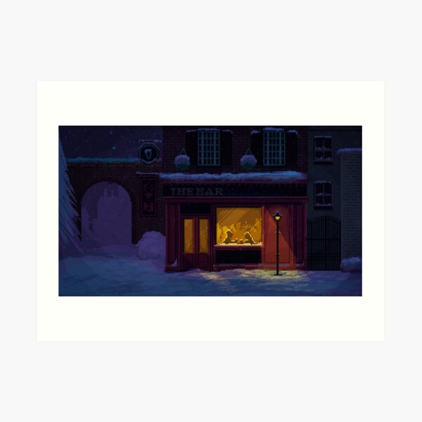 Noche de invierno acogedor pub Pixel Art Lámina artística