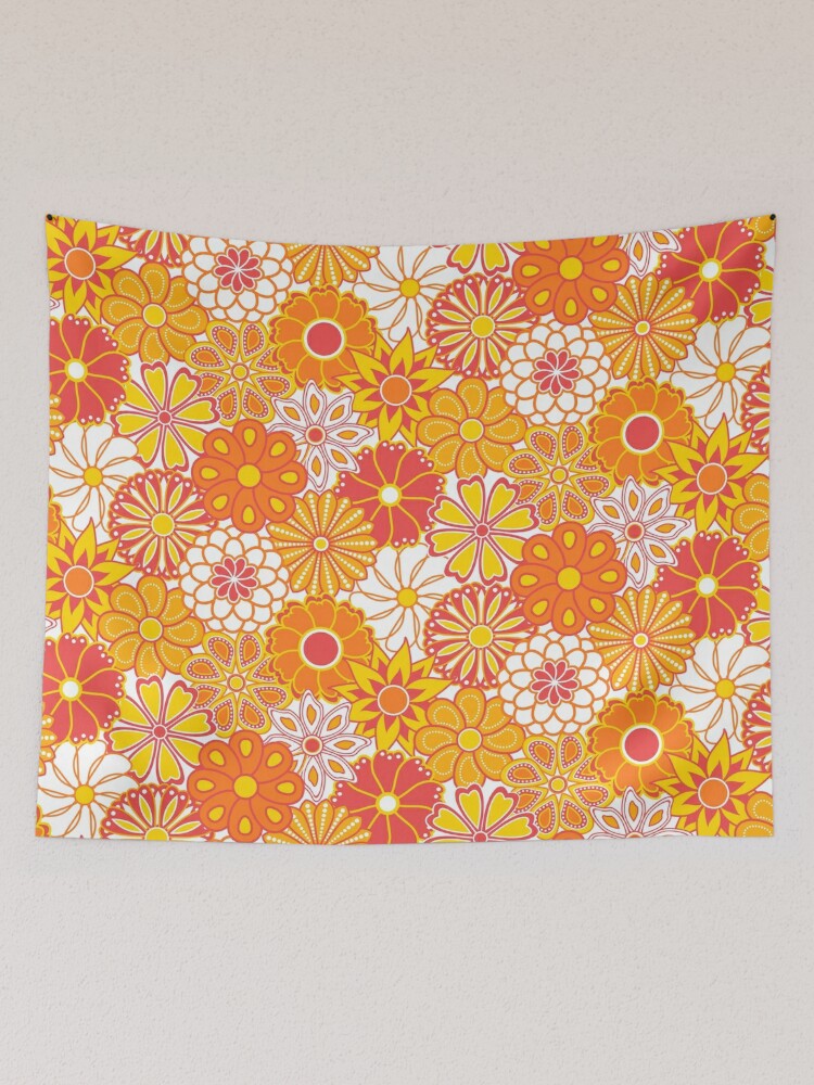 Cute Flower Mid Century Modern Print - Green Brown Orange Yellow Tapestry  for Sale by Elsy's Art