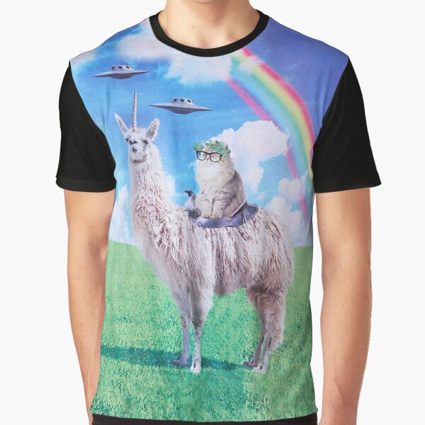 Cat Riding Llama Unicorn Rainbow Ufo T Shirt By Battlegoat Redbubble - llama unicorn t shirt roblox