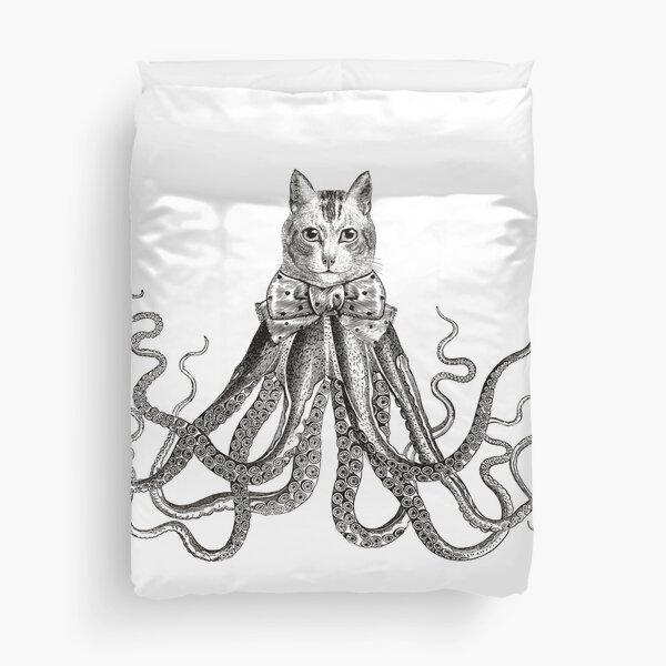 Octopussy | Half Cat Half Octopus | Hybrid Animals | Vintage Style | Black and White |  Duvet Cover