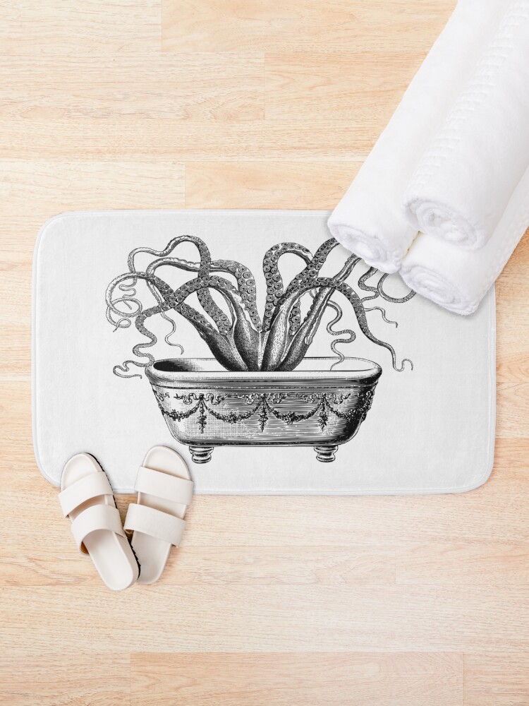 Alternate view of Tentacles in the Tub | Octopus in Bathtub | Vintage Octopus | Black and White | Bath Mat