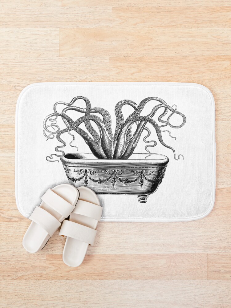 Alternate view of Tentacles in the Tub | Octopus in Bathtub | Vintage Octopus | Black and White | Bath Mat