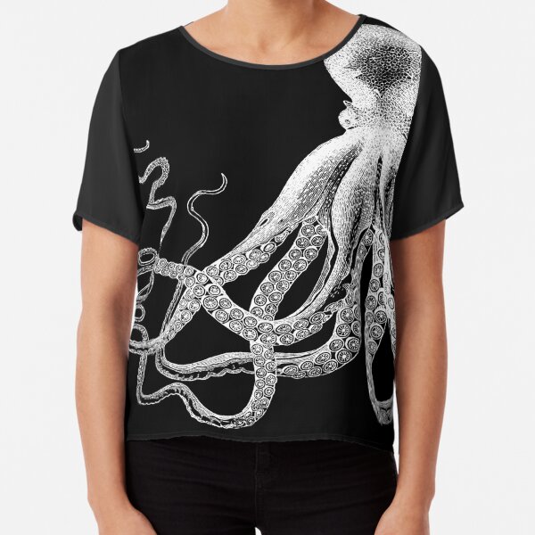 Octopus | Vintage Octopus | Tentacles | Sea Creatures | Nautical | Ocean | Sea | Beach | Black and White | Chiffon Top