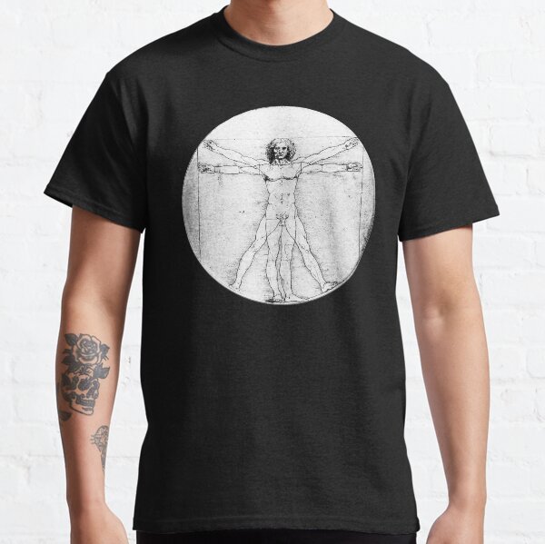 LEONARDO Da Vinci. The Vitruvian Man. Naked. CIRCLE. C.1485. Academia, Venice. On BLACK. Classic T-Shirt