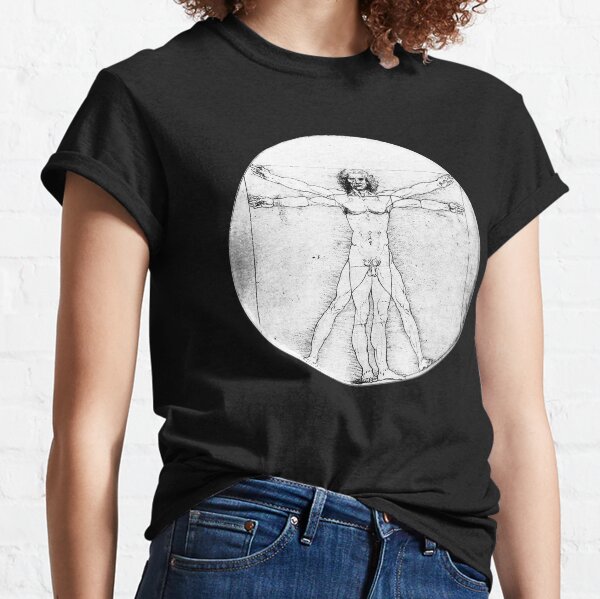 LEONARDO Da Vinci. The Vitruvian Man. Naked. CIRCLE. C.1485. Academia, Venice. On BLACK. Classic T-Shirt