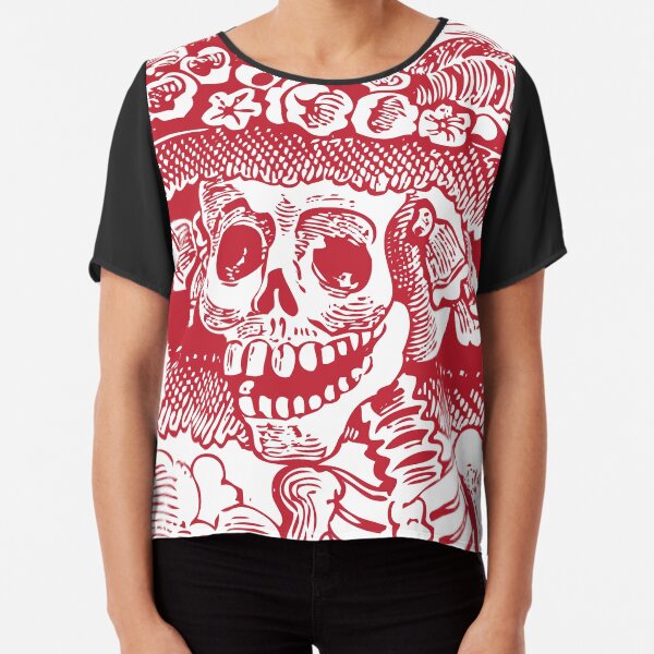 Calavera Catrina | Day of the Dead | Dia de los Muertos | Skulls and Skeletons | Vintage Skeletons | Red and White | Chiffon Top