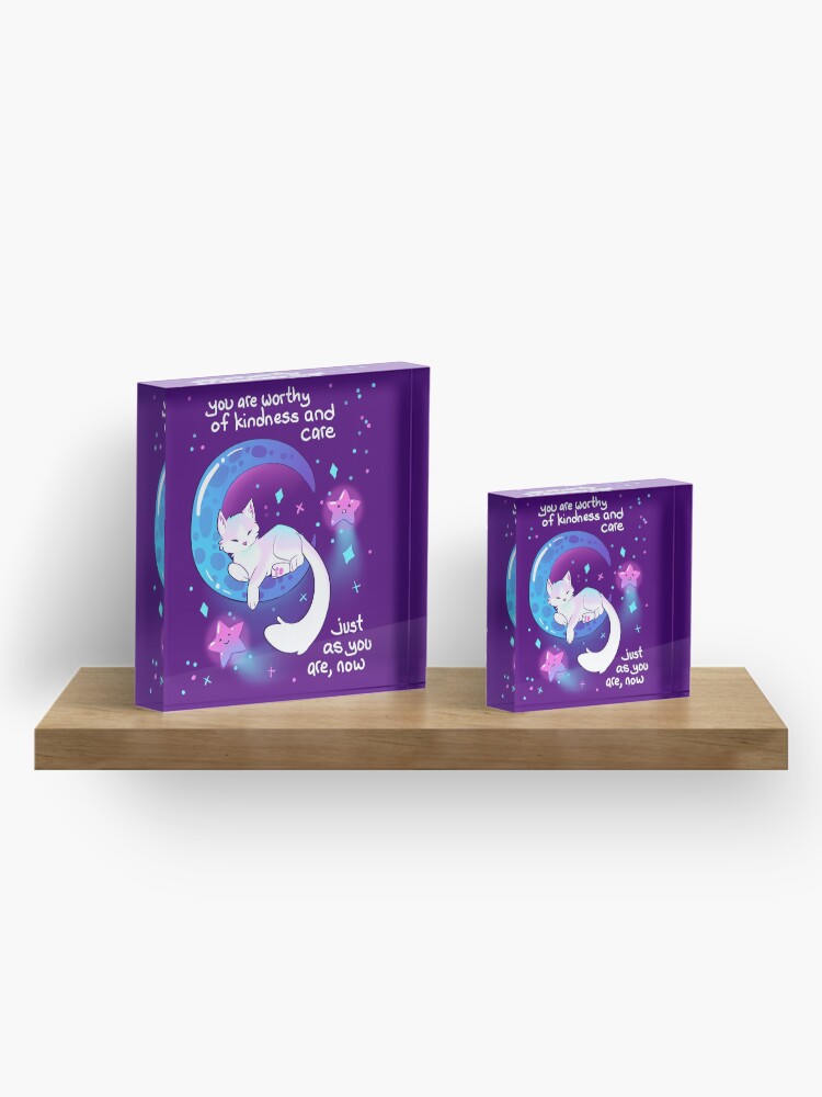Alternate view of "You Are Worthy of Kindness and Care" Space Kitty Acrylic Block