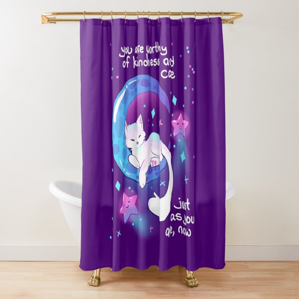 "You Are Worthy of Kindness and Care" Space Kitty Shower Curtain