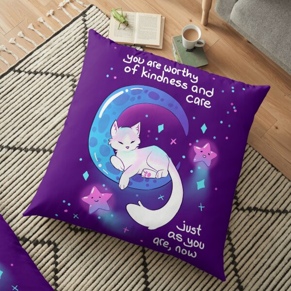 "You Are Worthy of Kindness and Care" Space Kitty Floor Pillow