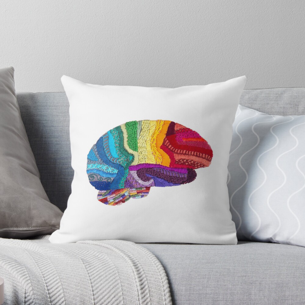 Sampler Brain - Embroidered Look - Rainbow Brain Throw Pillow