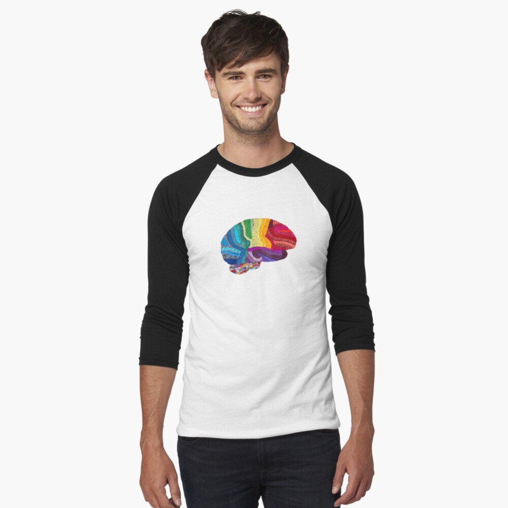 Sampler Brain - Embroidered Look - Rainbow Brain Baseball ¾ Sleeve T-Shirt
