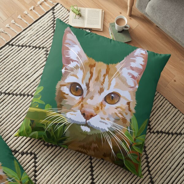 Red cat in bushes Floor Pillow