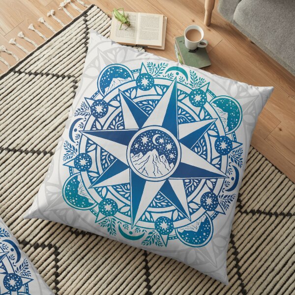 Journey to Moon Mountain | Turquoise Navy Ombré | Compass Rose Nature Mandala Floor Pillow