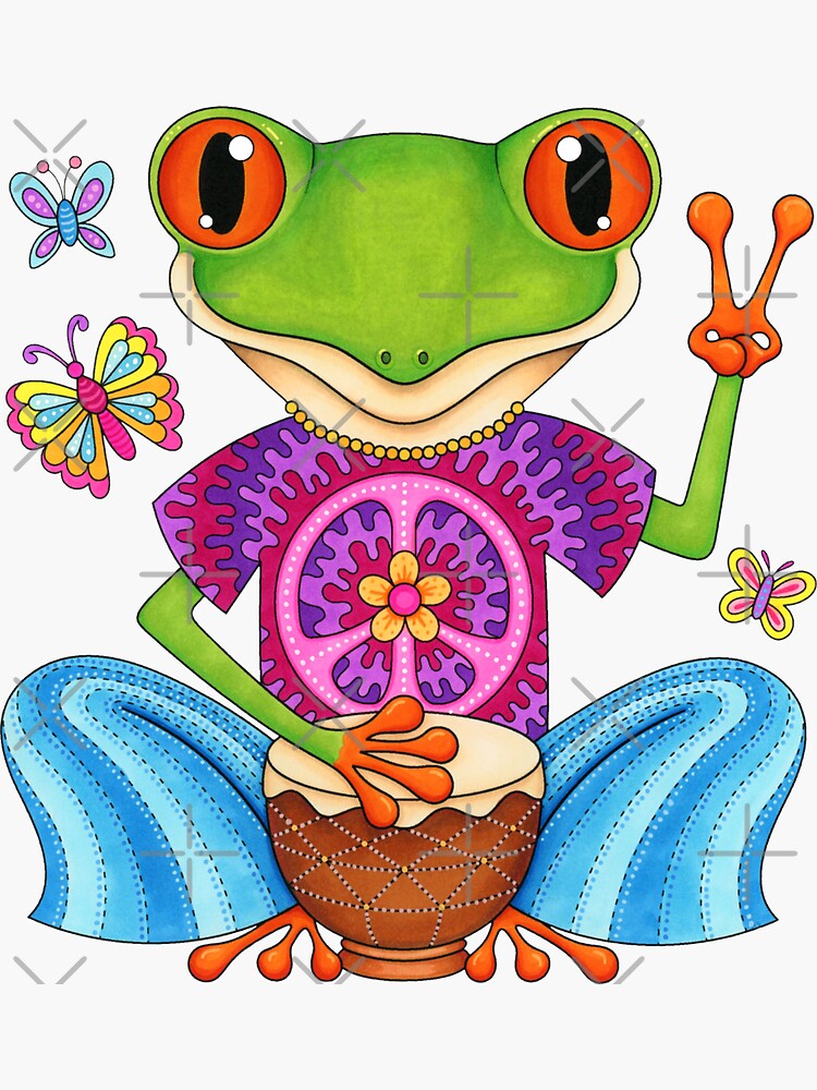 Peace Frog Colorful Hippie Frog Art By Thaneeya Mcardle Sticker For Sale By Thaneeya Redbubble 