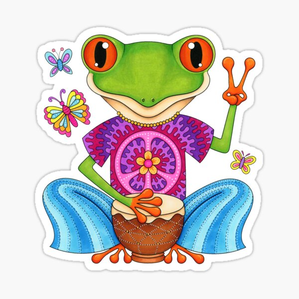 Peace Frog - Colorful Hippie Frog Art by Thaneeya McArdle Sticker