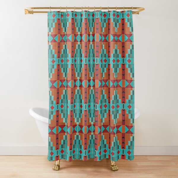 Bright Orange Red Aqua Turquoise Teal Tribal Pattern Shower Curtain