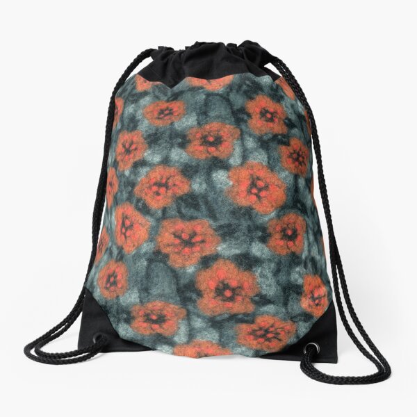 Autumn Flowers, felted Wool, Grey Orange Drawstring Bag
