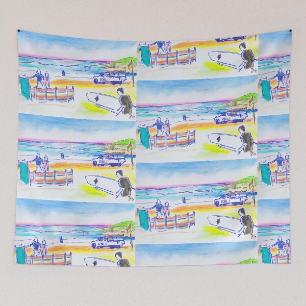 Item preview, RNLI lifeguard truck and surfer walking on Fistral Beach in Newquay Cornwall designed and sold by MikeJory.