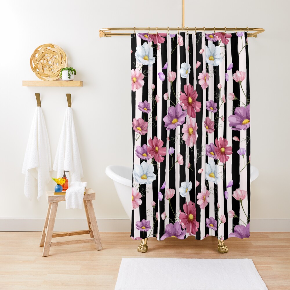 "Preppy Black Cabana Stripes and Pastel Flowers" Shower Curtain by