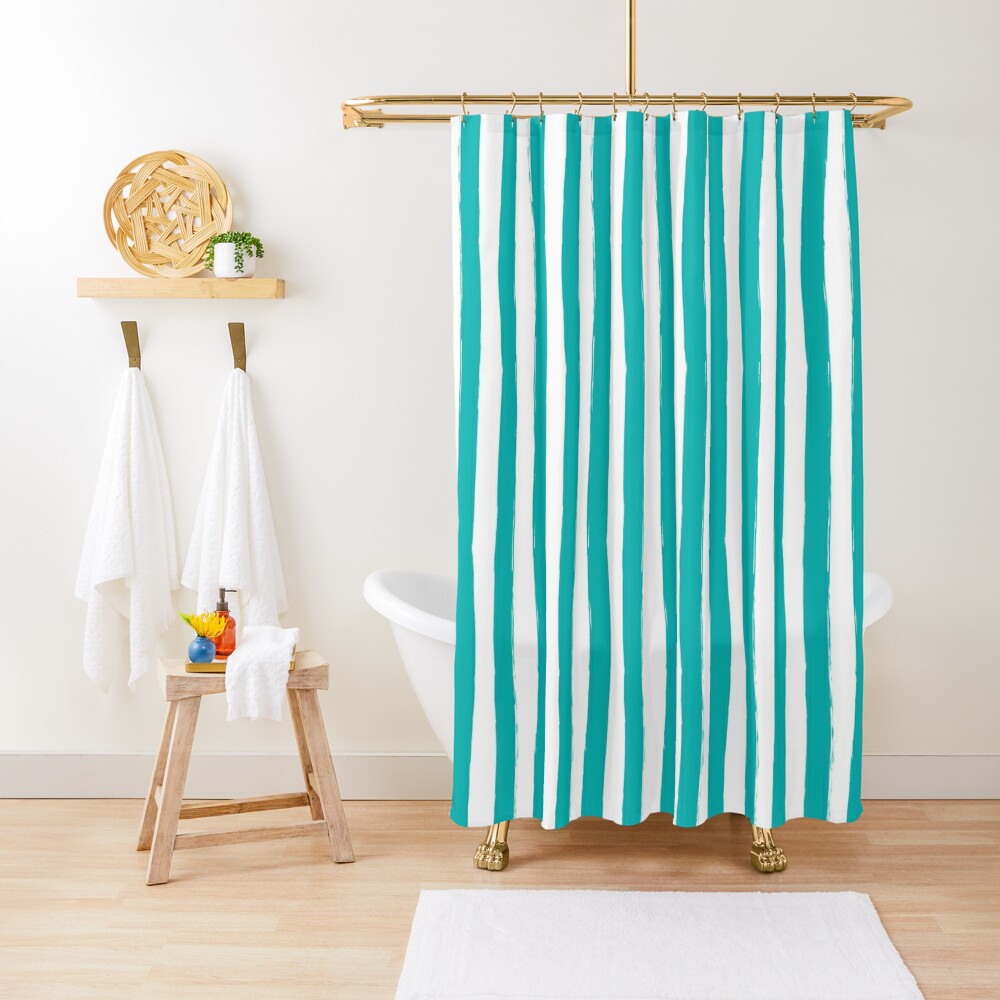 Preppy Turquoise and White Cabana Stripes Shower Curtain