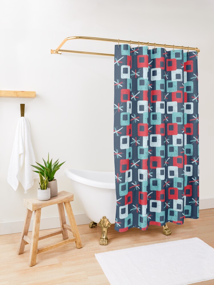 "Mid Century Modern Blue Geometric Groove" Shower Curtain by