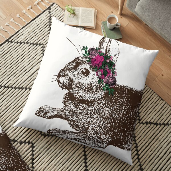 The Rabbit and Roses | Rabbit and Flowers | Vintage Rabbits | Bunny Rabbits | Bunnies | Hares | Floor Pillow