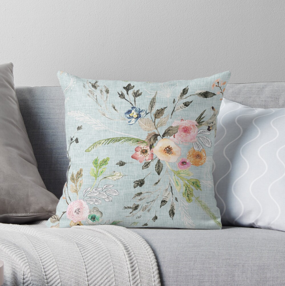 La Boheme Sky Blue Floral Throw Pillow