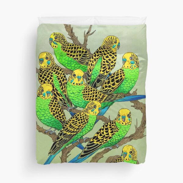 Green and Gold Budgies Duvet Cover
