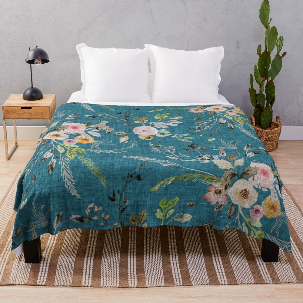 La Boheme Teal Floral Throw Blanket