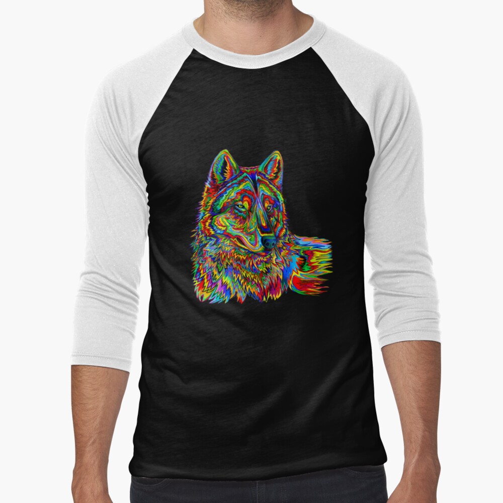 Colorful Psychedelic Rainbow Wolf Baseball ¾ Sleeve T-Shirt
