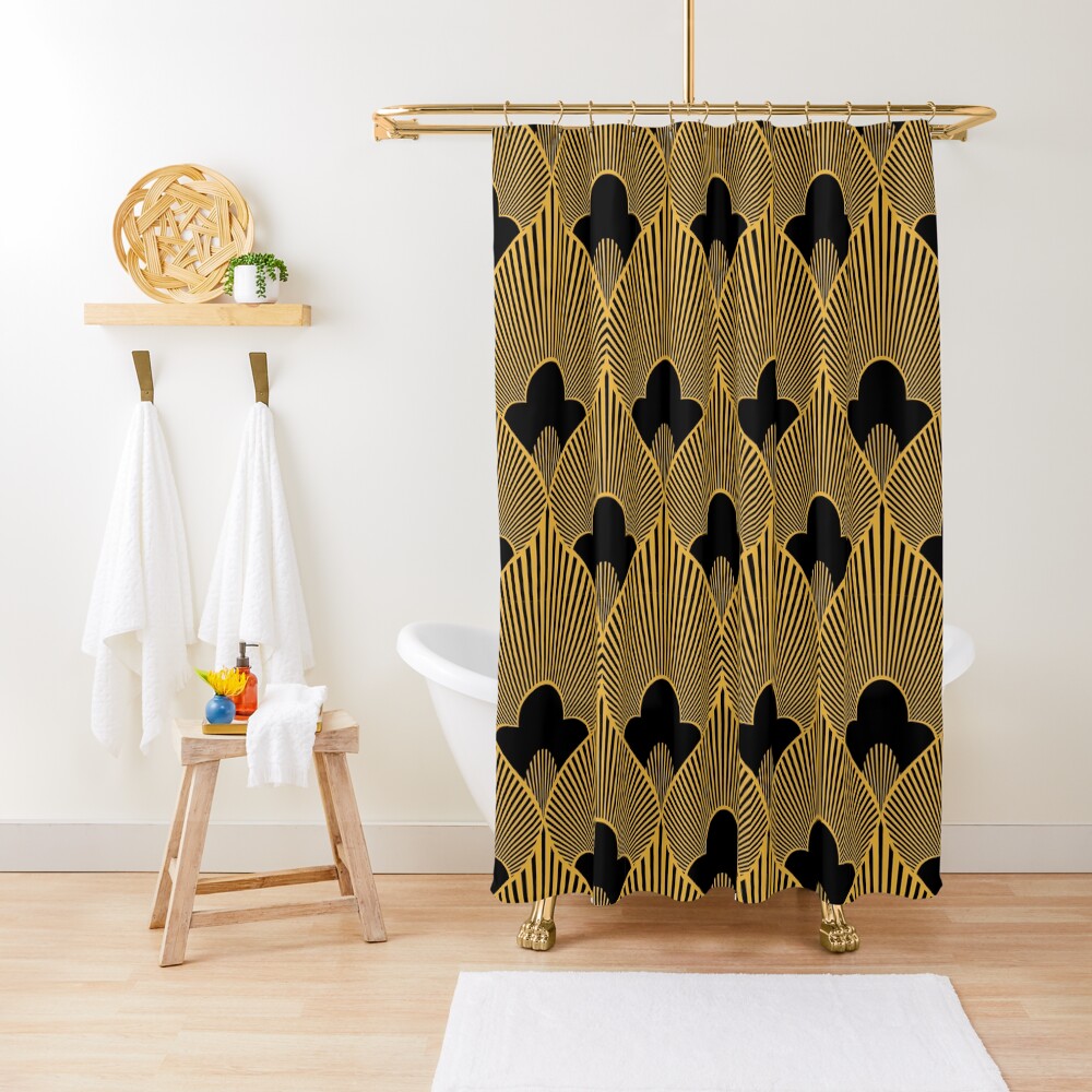 "Art Deco Pattern in GoldHues and Jet Black" Shower Curtain for Sale