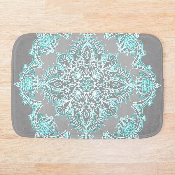 Teal and Aqua Lace Mandala on Grey Bath Mat