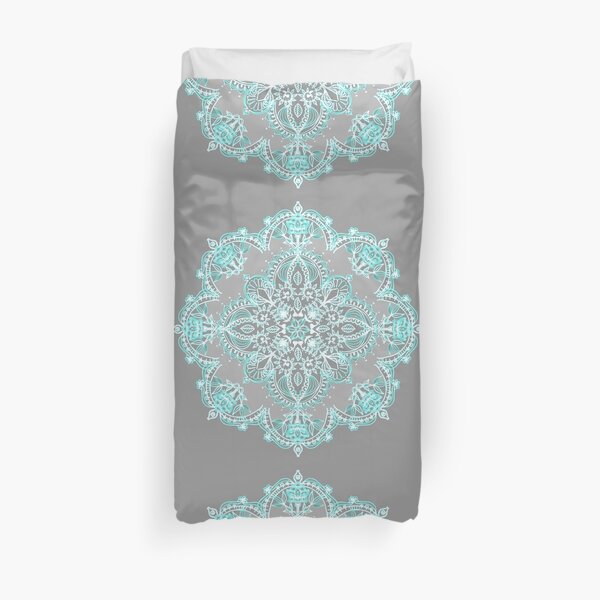 Teal and Aqua Lace Mandala on Grey Duvet Cover