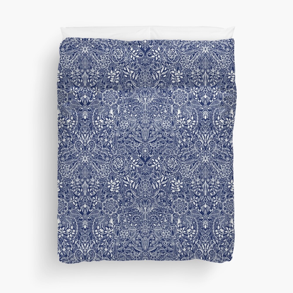 Detailed Floral Pattern in White on Navy Duvet Cover