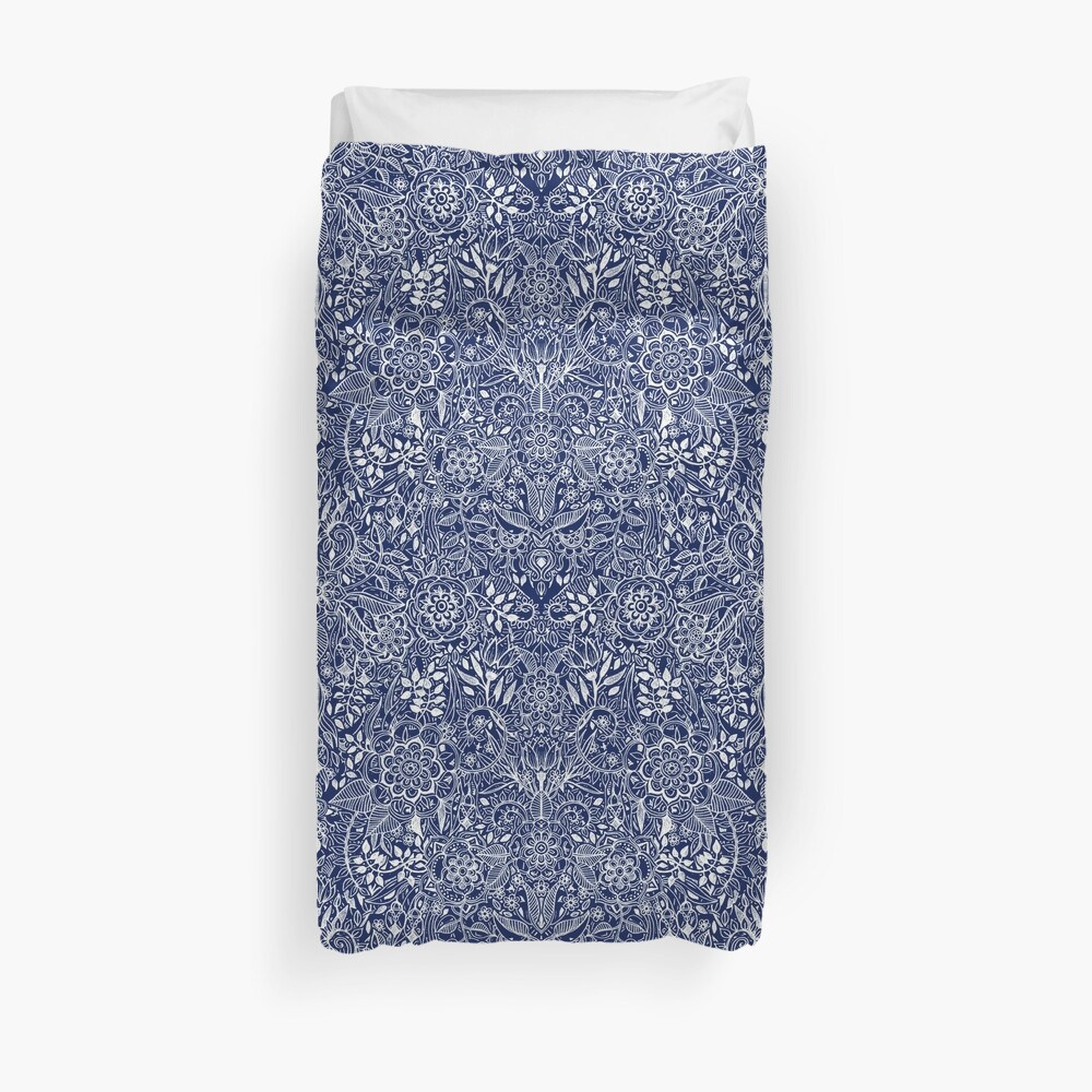 Detailed Floral Pattern in White on Navy Duvet Cover