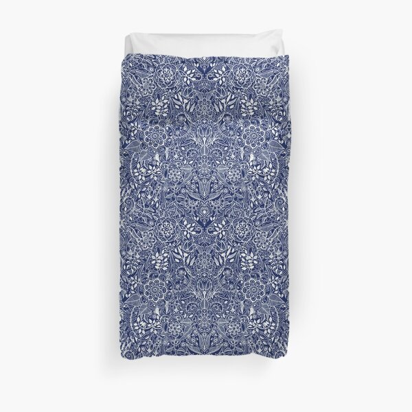 Detailed Floral Pattern in White on Navy Duvet Cover