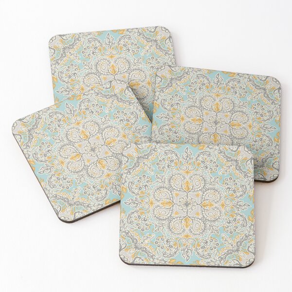 Gypsy Floral in Soft Neutrals, Grey & Yellow on Sage Coasters (Set of 4)