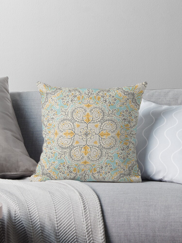 Gypsy Floral in Soft Neutrals Grey Yellow on Sage Pillow for Sale by micklyn Redbubble