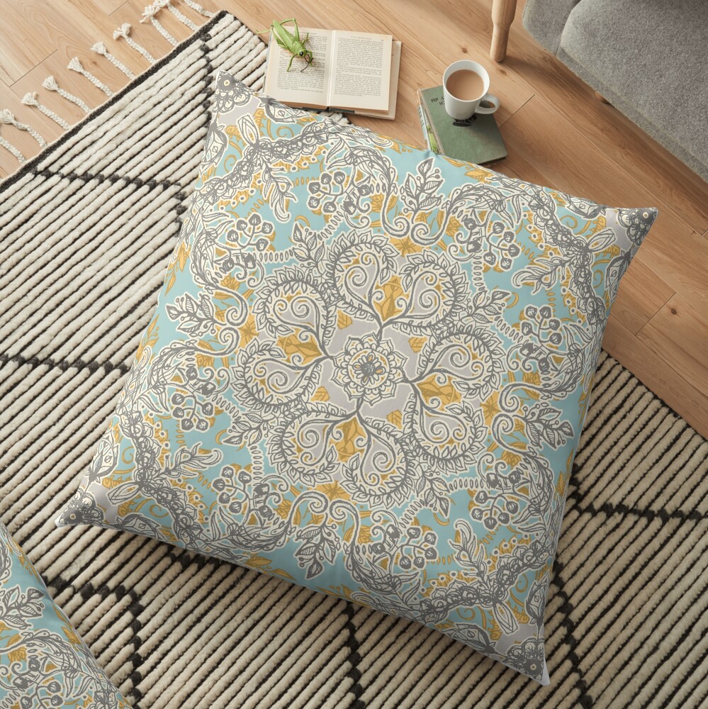 Gypsy Floral in Soft Neutrals, Grey & Yellow on Sage Floor Pillow