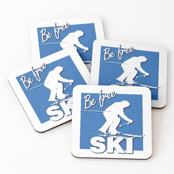 Item preview, Be Free Ski White Text Quote with White Downhill Alpine Skier Silhouette on Ski Level Intermediate Blue Square designed and sold by Karen McFarland.