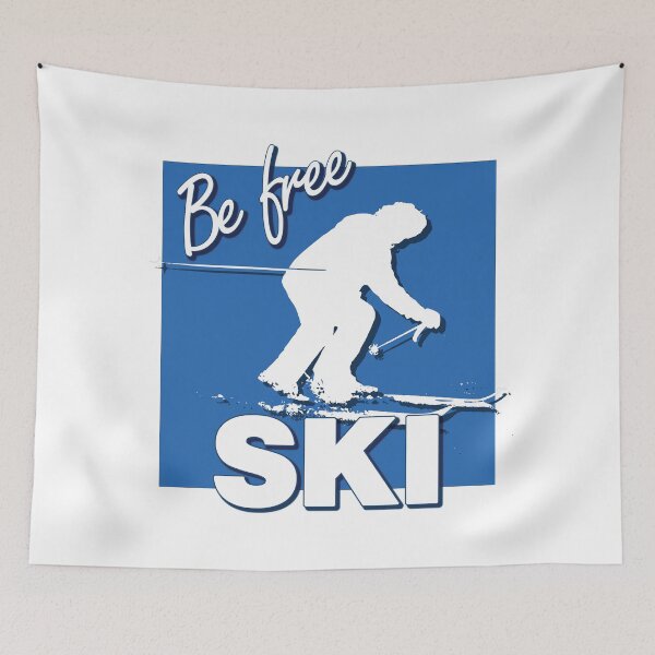 Item preview, Be Free Ski White Text Quote with White Downhill Alpine Skier Silhouette on Ski Level Intermediate Blue Square designed and sold by Karen McFarland.