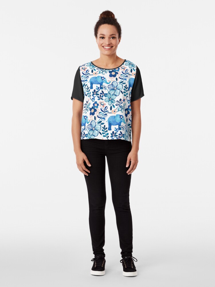 Alternate view of Blush Pink, White and Blue Elephant and Floral Watercolor Pattern Chiffon Top