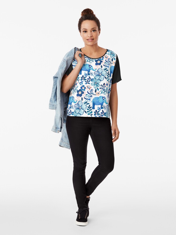 Alternate view of Blush Pink, White and Blue Elephant and Floral Watercolor Pattern Chiffon Top