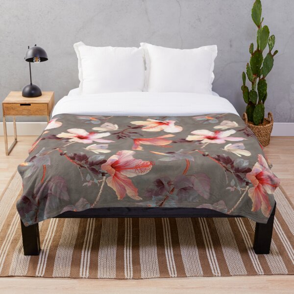 Coral Hibiscus Throw Blanket