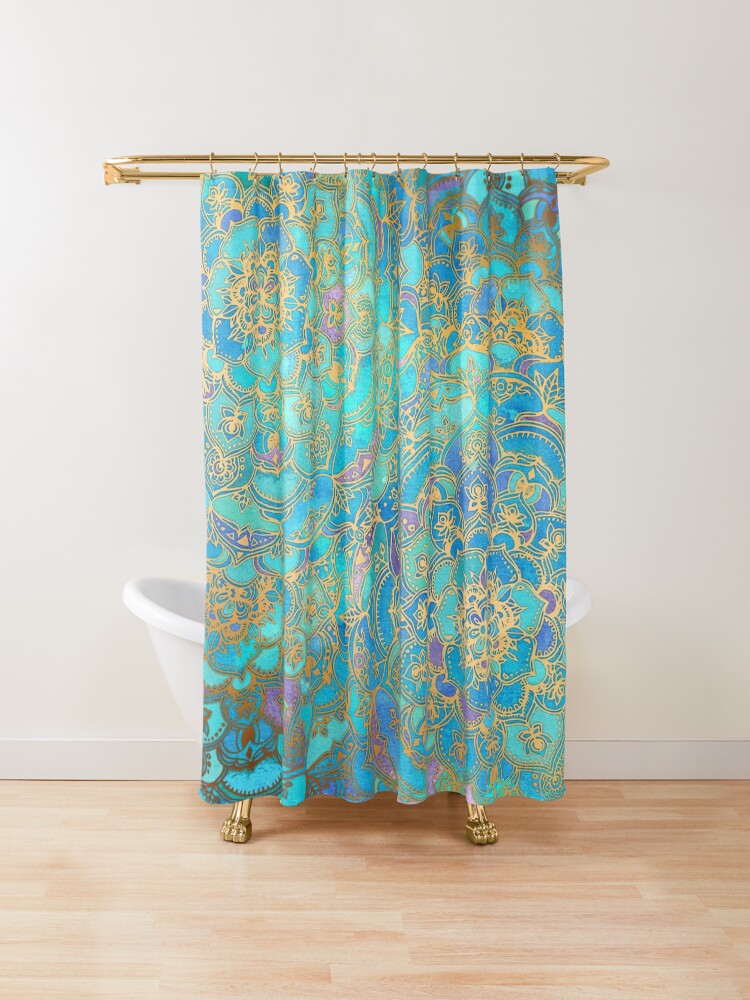 "Sapphire & Jade Stained Glass Mandalas" Shower Curtain by micklyn