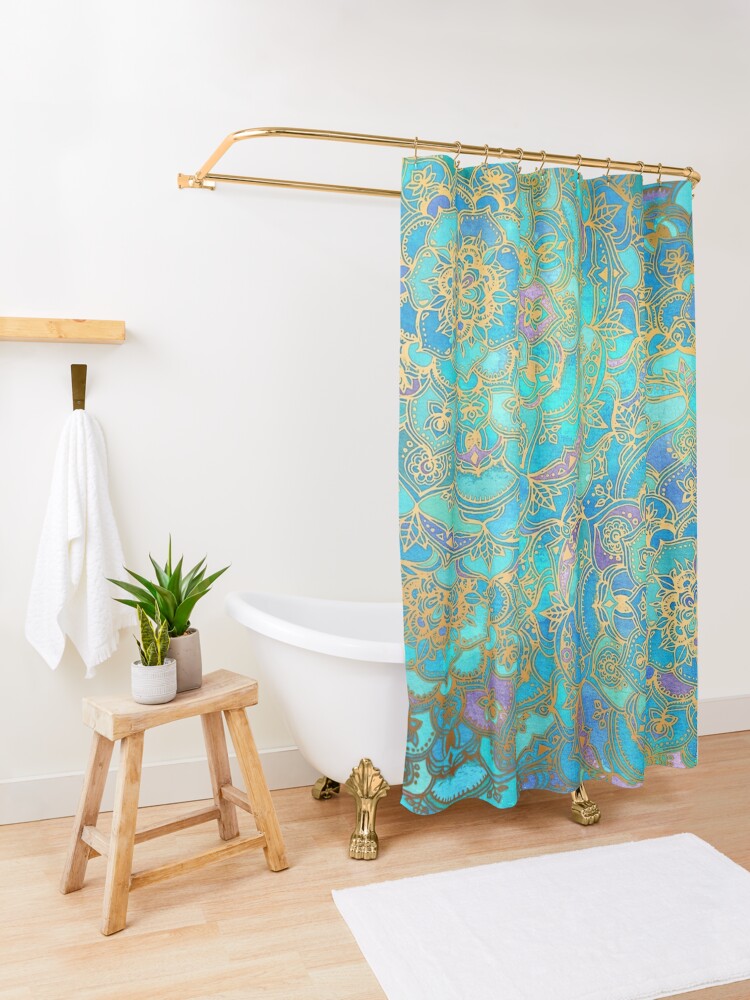 Alternate view of Sapphire & Jade Stained Glass Mandalas Shower Curtain